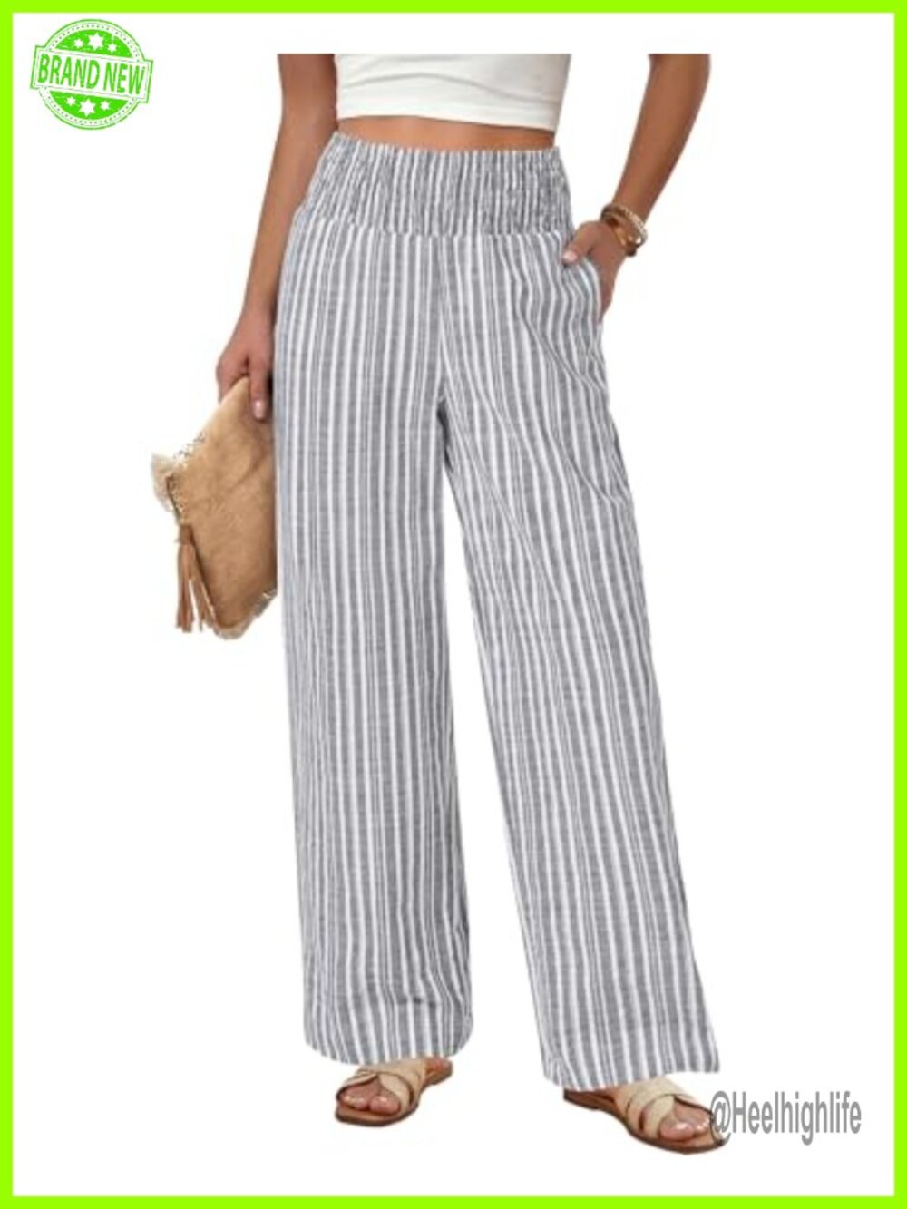 Linen Blend Palazzo Pants High Rise Wide Leg Pull On Smock Waist Striped